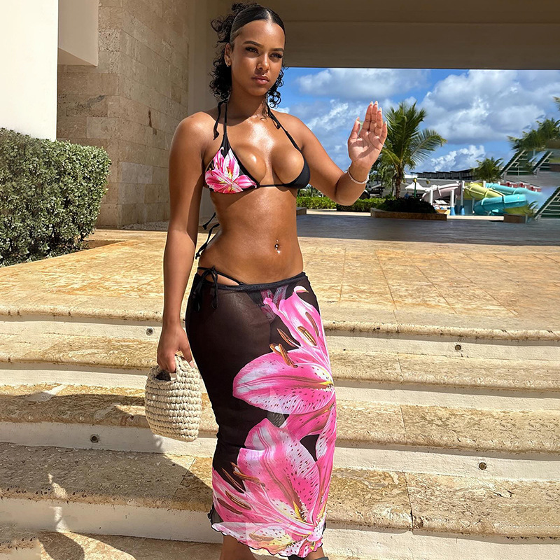 Vibecurve®  Women's Halter Triangle Bikini Sets Floral 3 Piece Swimsuit Bathing Suit Cover Up Long Skirt