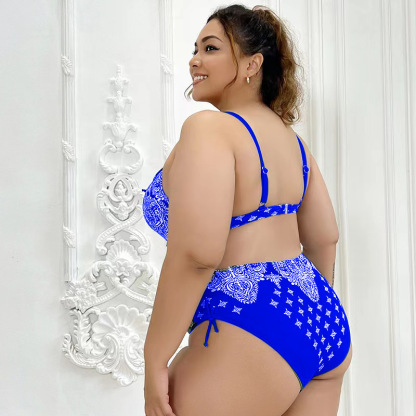 [Copy]Vibecurve®  Plus Size Solid Color Pleat Beach Bra And Floral Print Bikini Set With Cover Up Blue
