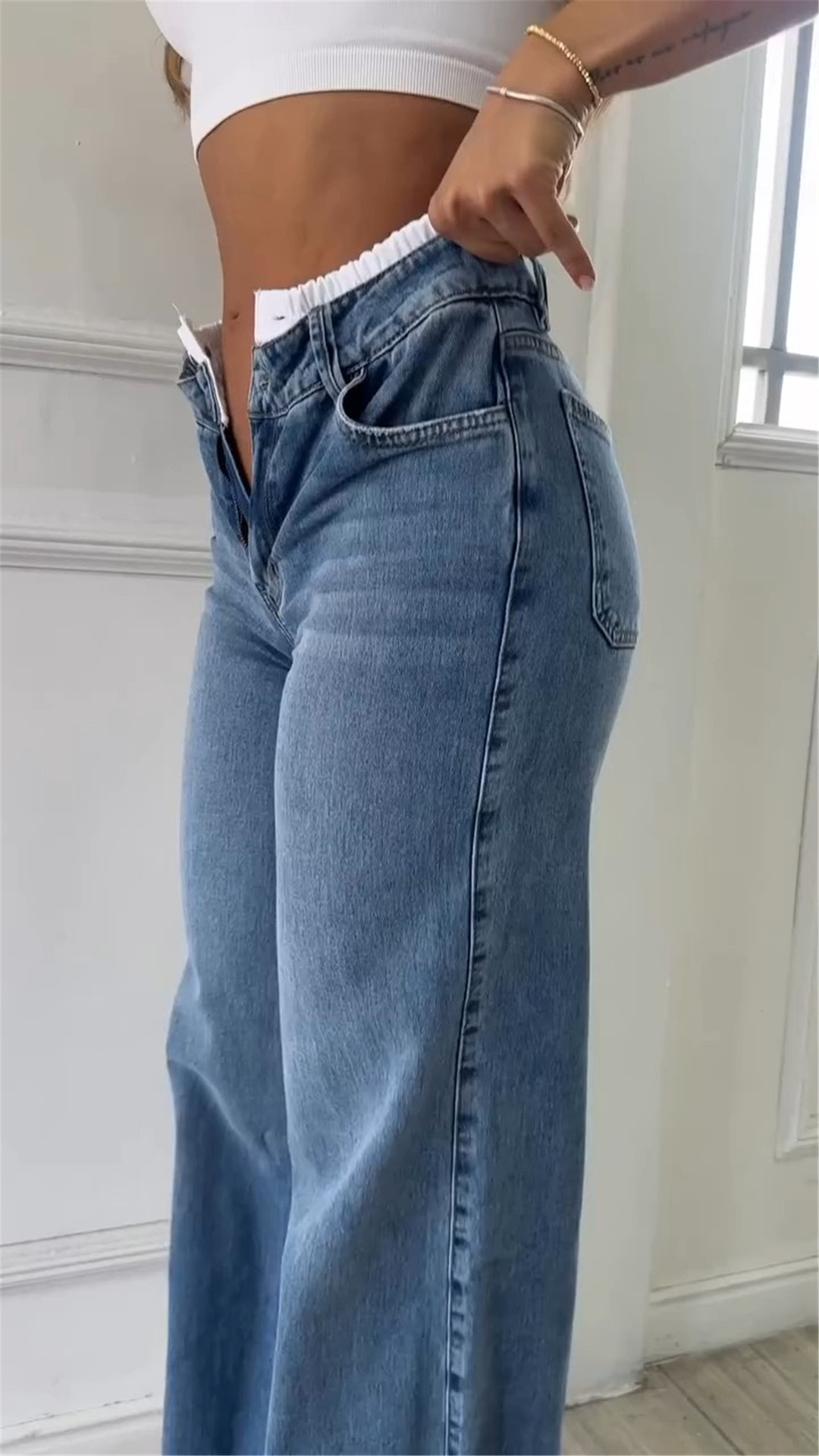 Vibecurve® Fashion Contrast Color Double Belt Wide Leg Jeans