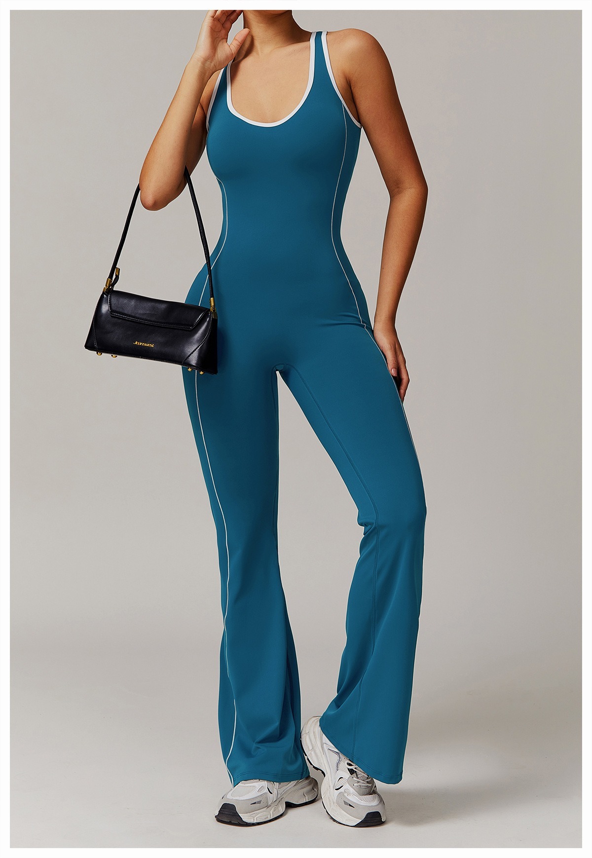 Vibecurve® Cutout Back Contrast Piping Flare Jumpsuit