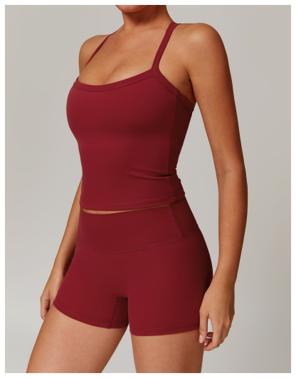 Vibecurve® Two-Piece Women's Solid Color Backless Bra Top And High-Waisted Shorts Sportswear Set