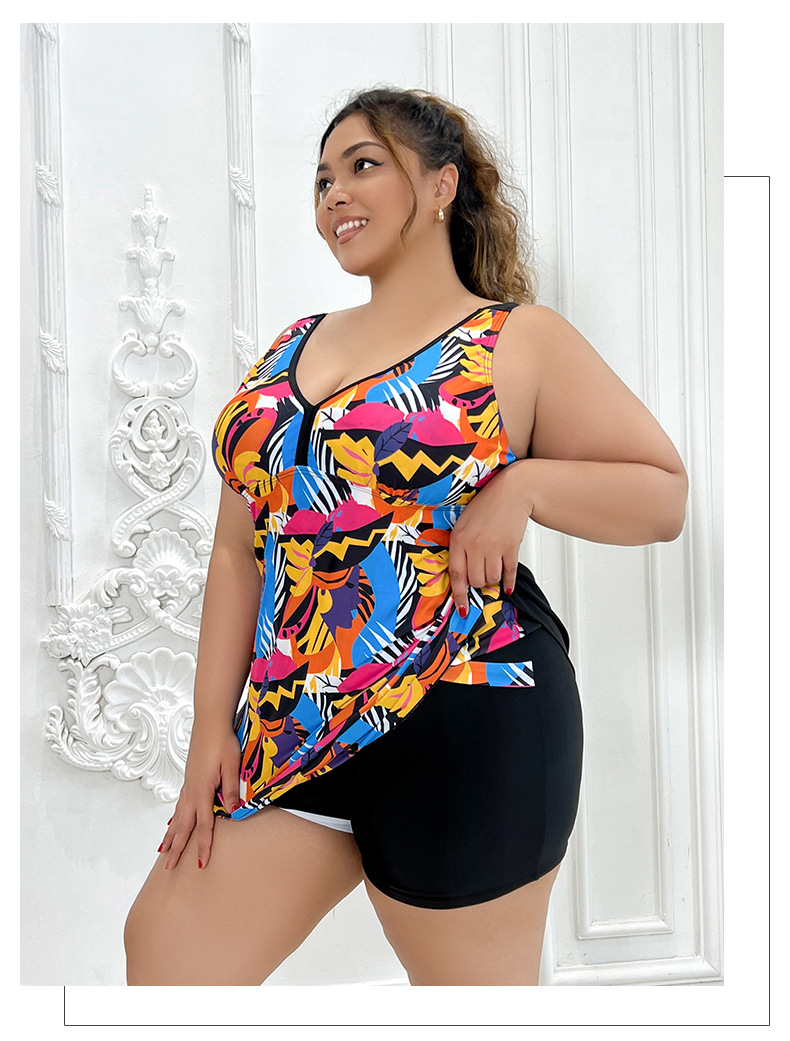 Vibecurve®  Plus Size Sexy V Neck Printing Womens Modest Tankini Swimsuits Two-Piece Bathing Suits