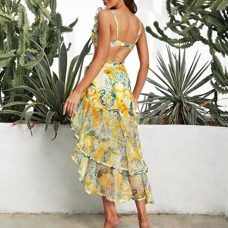 Vibecurve® Women's One Piece Swimsuit with Beach Cover up Wrap Skirt Sarong Retro Floral Print Bikini Set Two Piece Bathing Suit