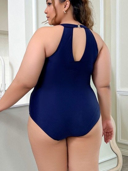 Vibecurve® Plus Size One Piece Swimsuit for Women Mesh High Crew Neck Bathing Suit Curvy Tummy Control Ruched Swimwear