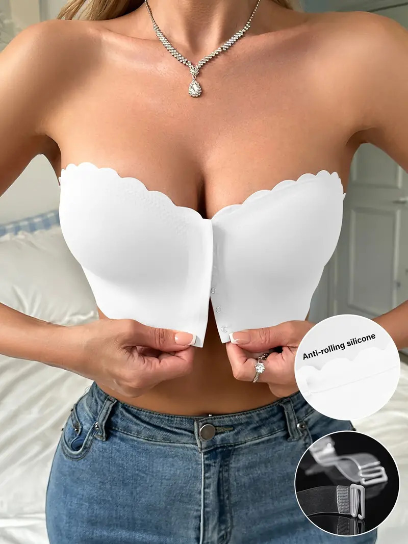 Vibecurve® Womens Strapless Bra Non-Slip Padded Bandeau Bras Front Closure Bras for Women Wavy Trim Seamless Tube Top Bralette