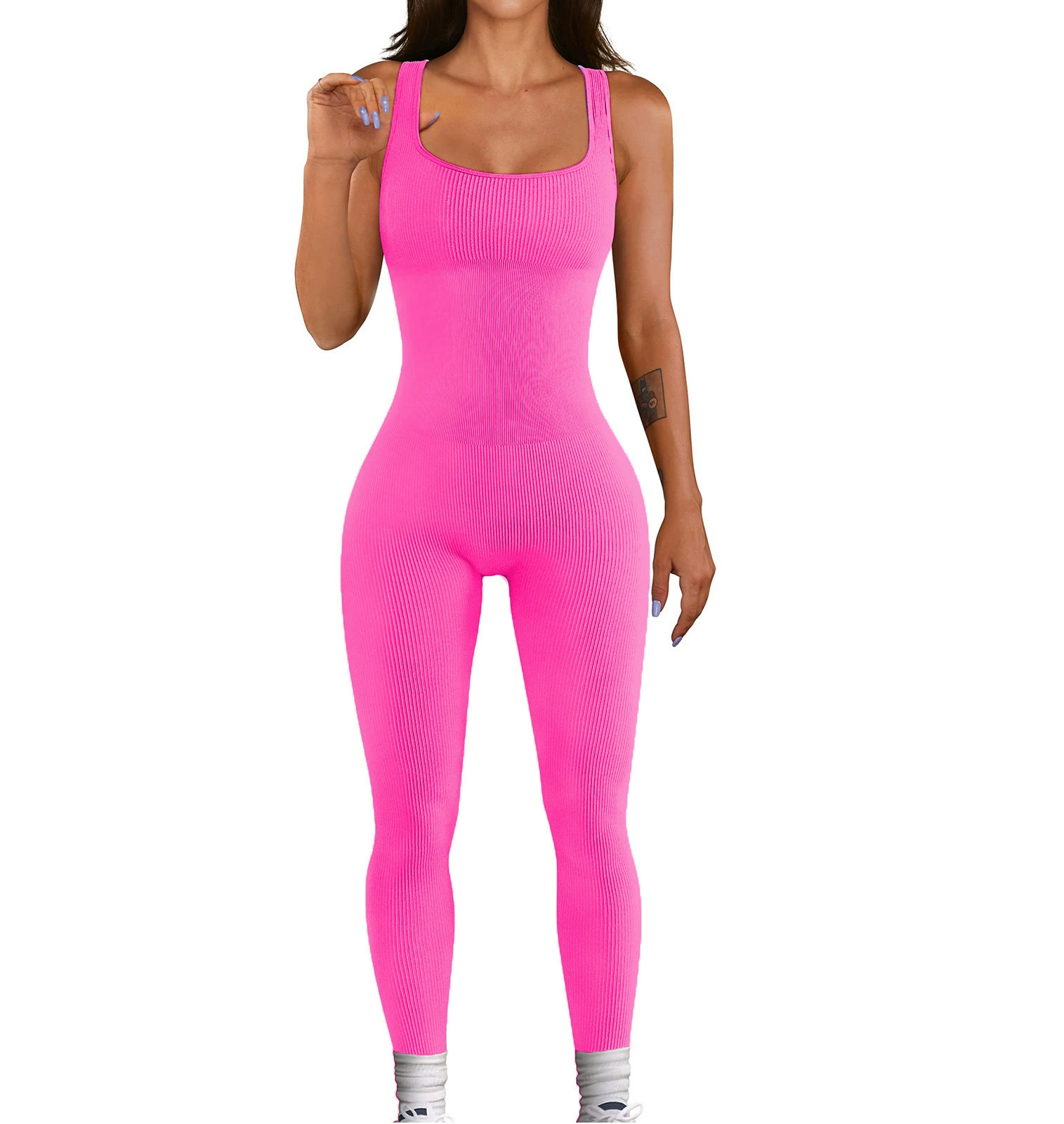 Vibecurve® Ribbed Sleeveless Square Neck Solid One Piece Unitard Jumpsuit Bodysuit