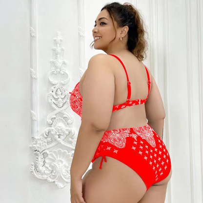 [Copy]Vibecurve®  Plus Size Solid Color Pleat Beach Bra And Floral Print Bikini Set With Cover Up Blue