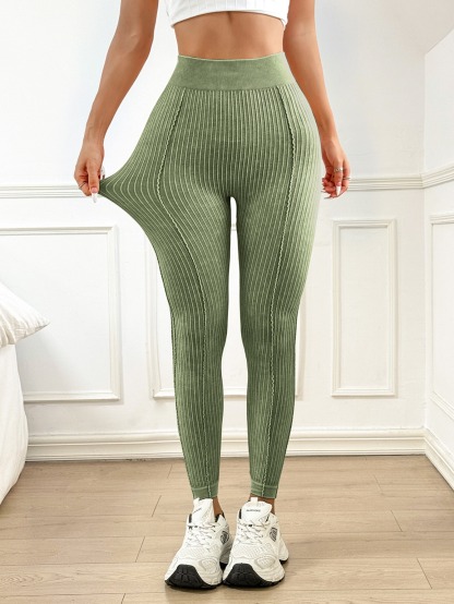 Vibecurve® Seamless Threaded V-Waist Peach Hip Sand-Washed Yoga Pants