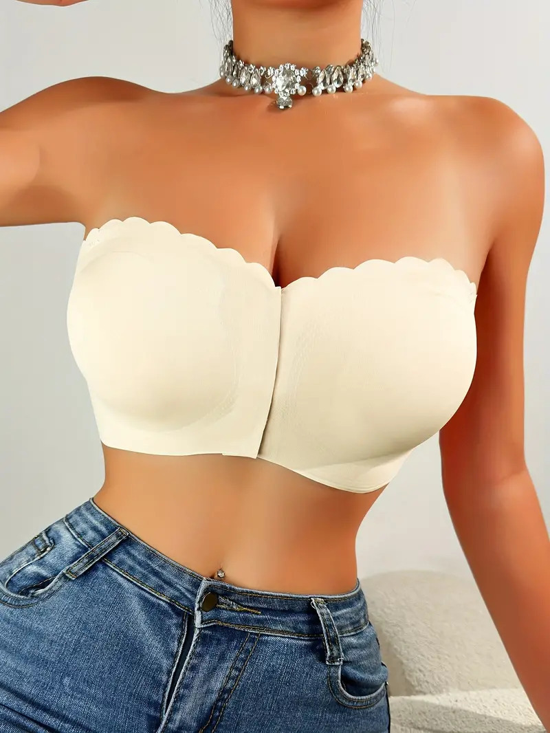 Vibecurve® Womens Strapless Bra Non-Slip Padded Bandeau Bras Front Closure Bras for Women Wavy Trim Seamless Tube Top Bralette