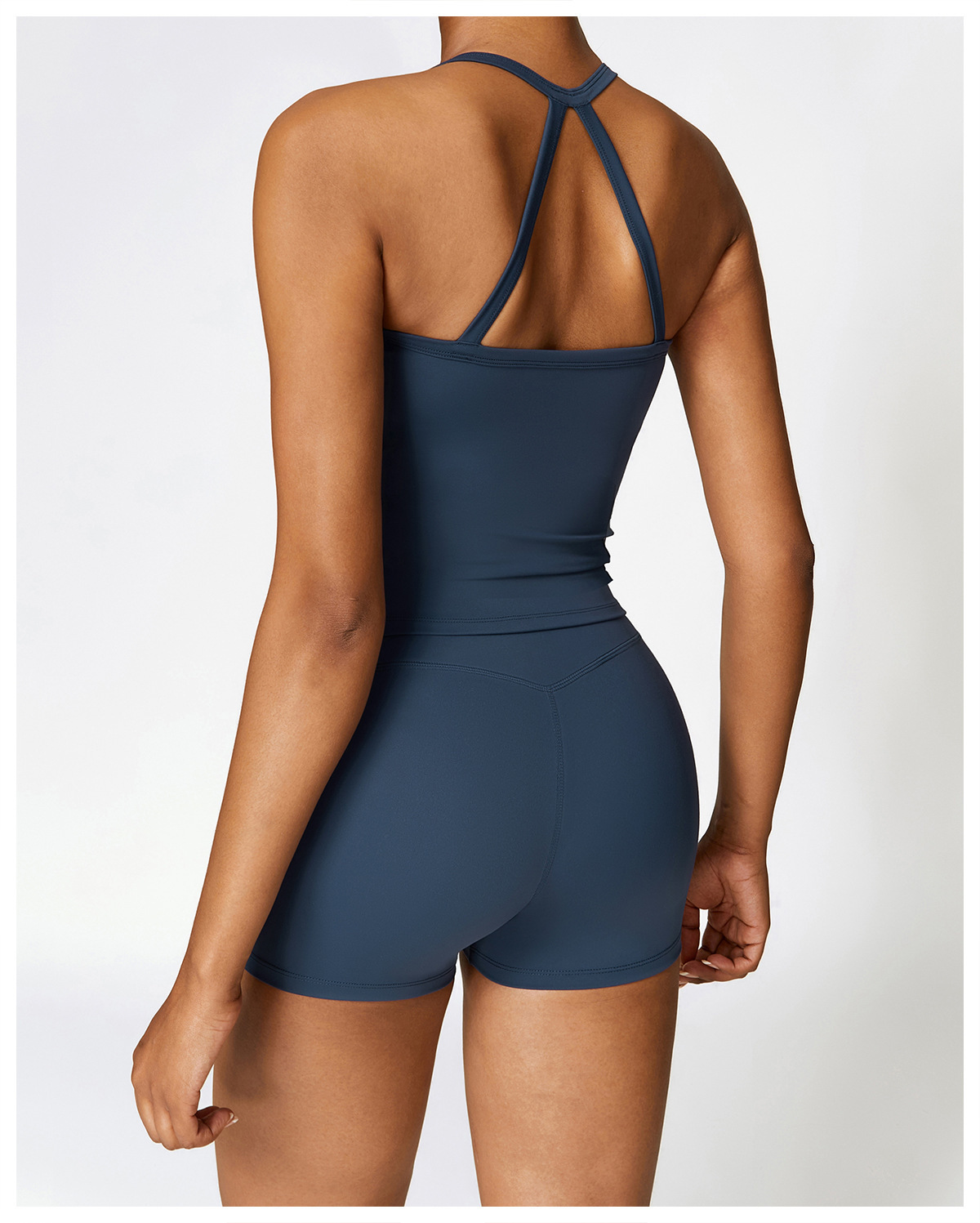 Vibecurve® Two-Piece Women's Solid Color Backless Bra Top And High-Waisted Shorts Sportswear Set