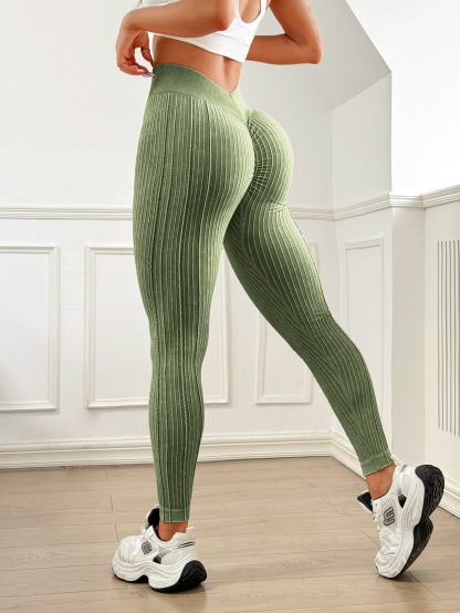 Vibecurve® Seamless Threaded V-Waist Peach Hip Sand-Washed Yoga Pants