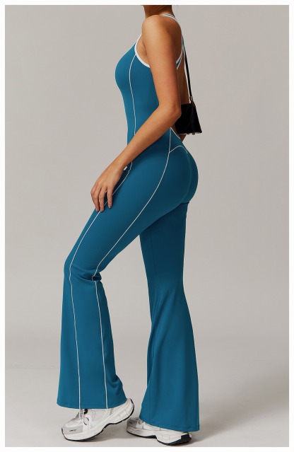 Vibecurve® Cutout Back Contrast Piping Flare Jumpsuit