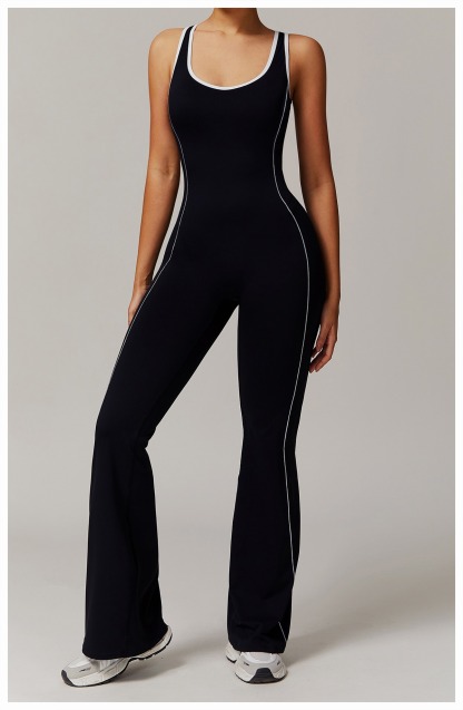 Vibecurve® Cutout Back Contrast Piping Flare Jumpsuit