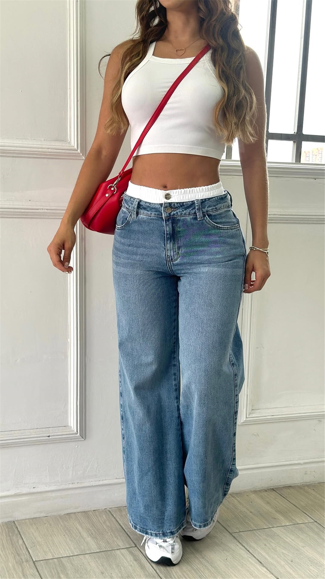 Vibecurve® Fashion Contrast Color Double Belt Wide Leg Jeans