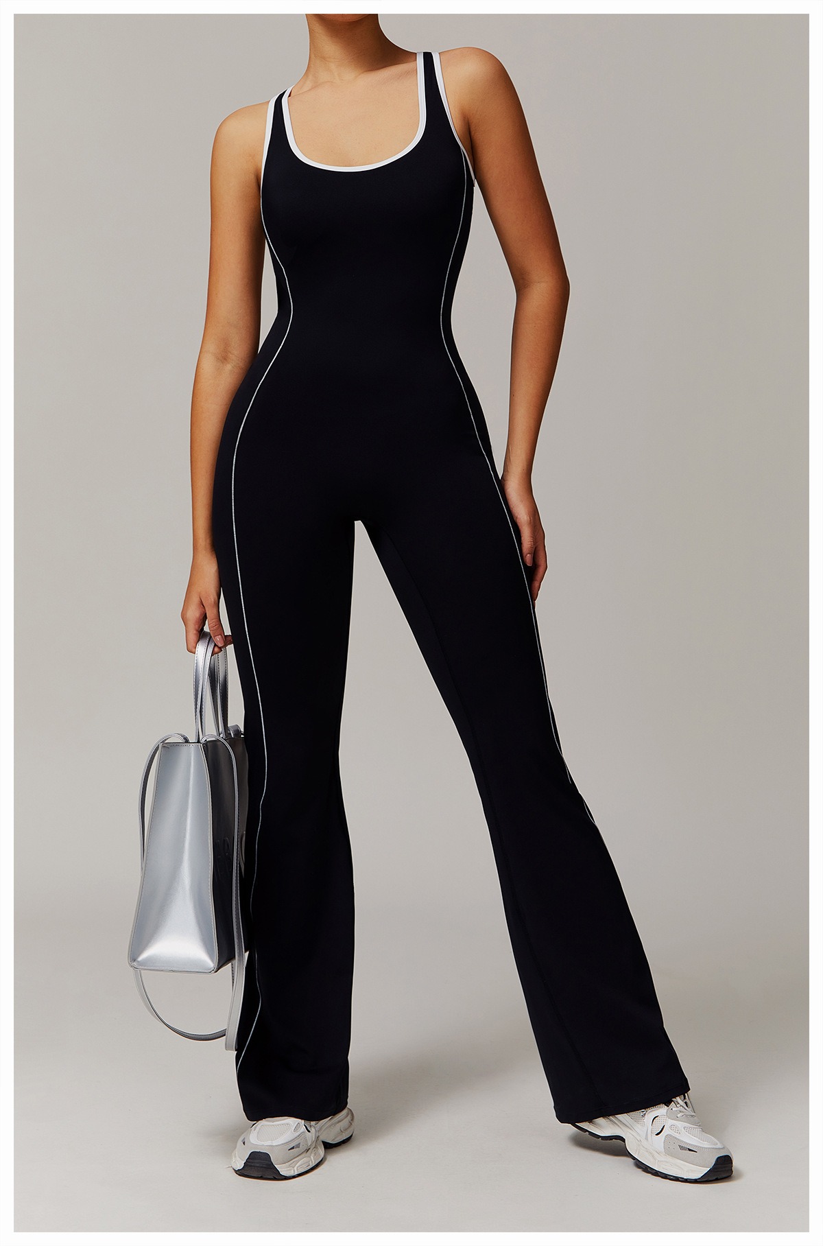 Vibecurve® Cutout Back Contrast Piping Flare Jumpsuit