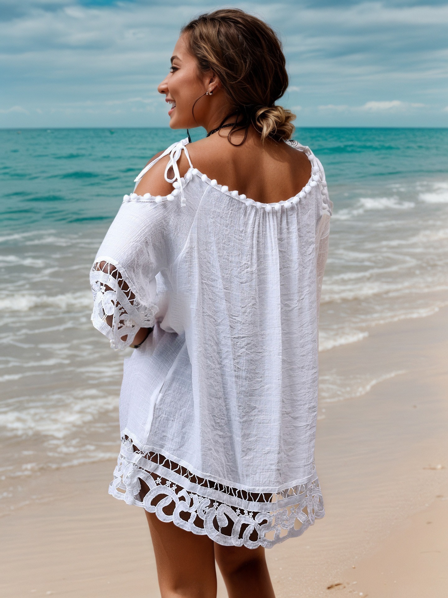 Vibecurve® Hollow Lace Sexy Solid Color Beach Dress Sun Protection Clothing Swimsuit Blouse