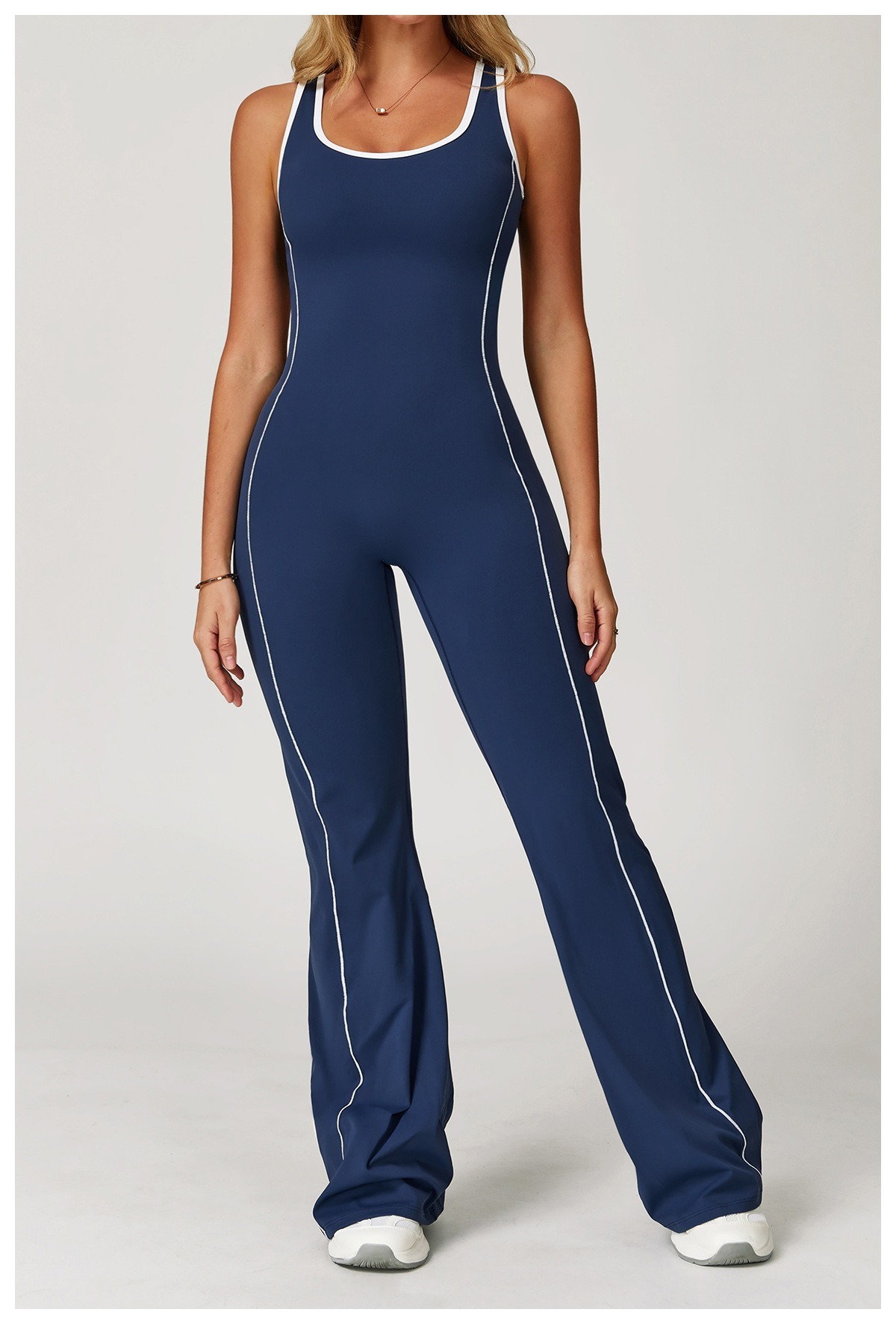 Vibecurve® Cutout Back Contrast Piping Flare Jumpsuit