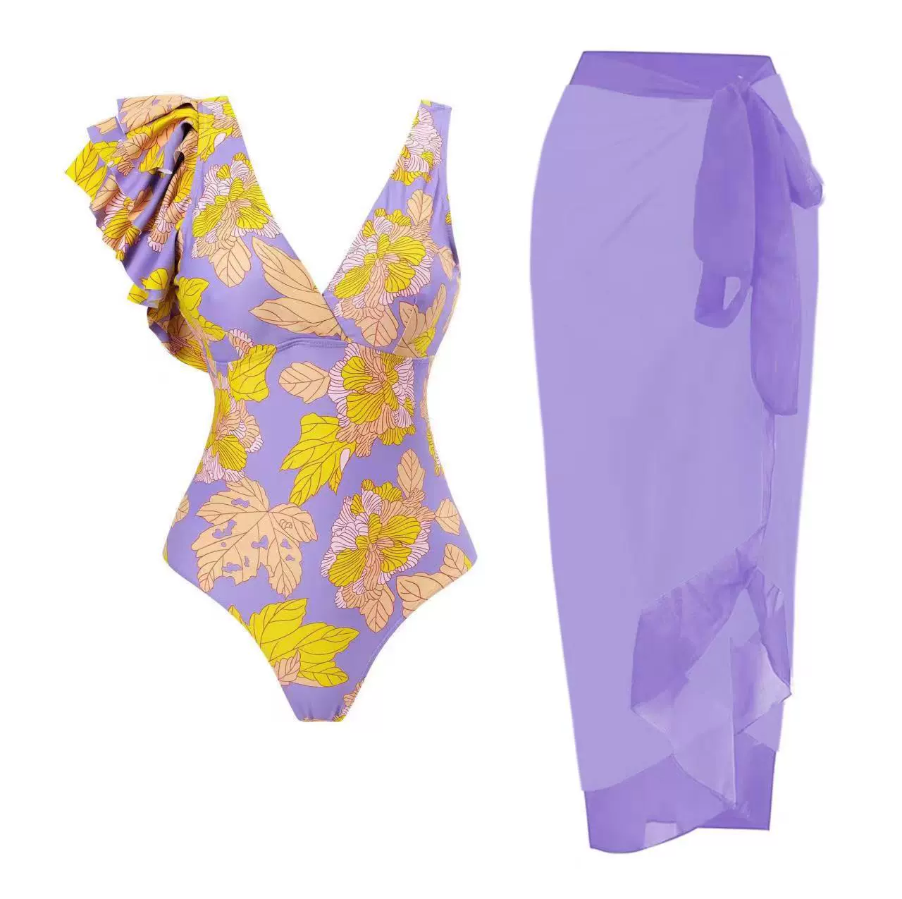 Vibecurve® Floral Print Ruffles Strap One Piece With Bathing Suit Wrap Skirt