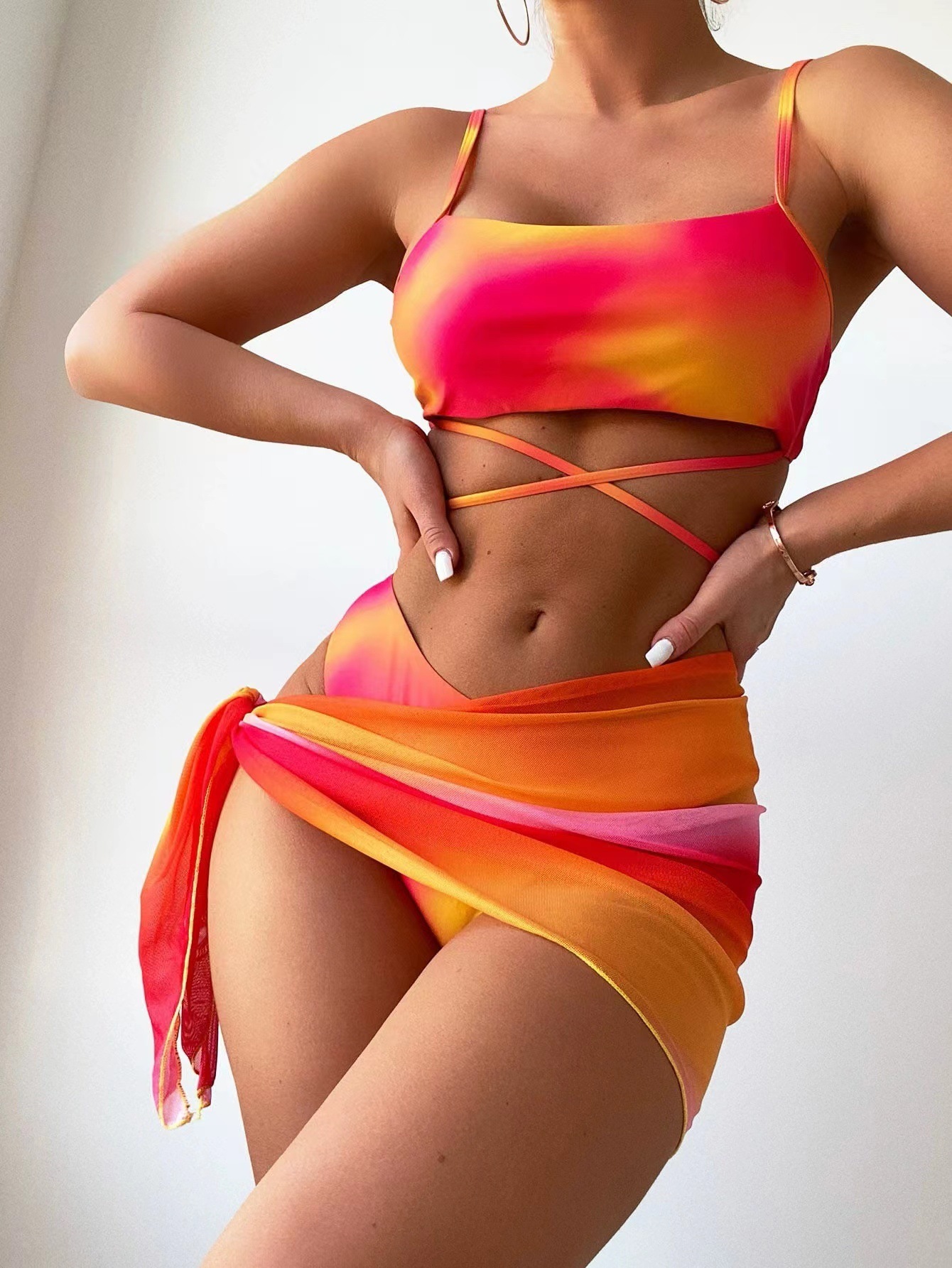 Vibecurve® Tie-Dye Bikini Swimsuit Women's Three-Piece Mesh Skirt