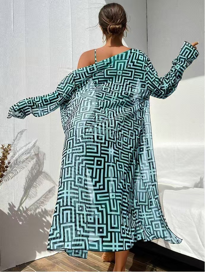 Vibecurve® Three-Piece Set Women's Geometric PrintDrawstring Swimsuit Set