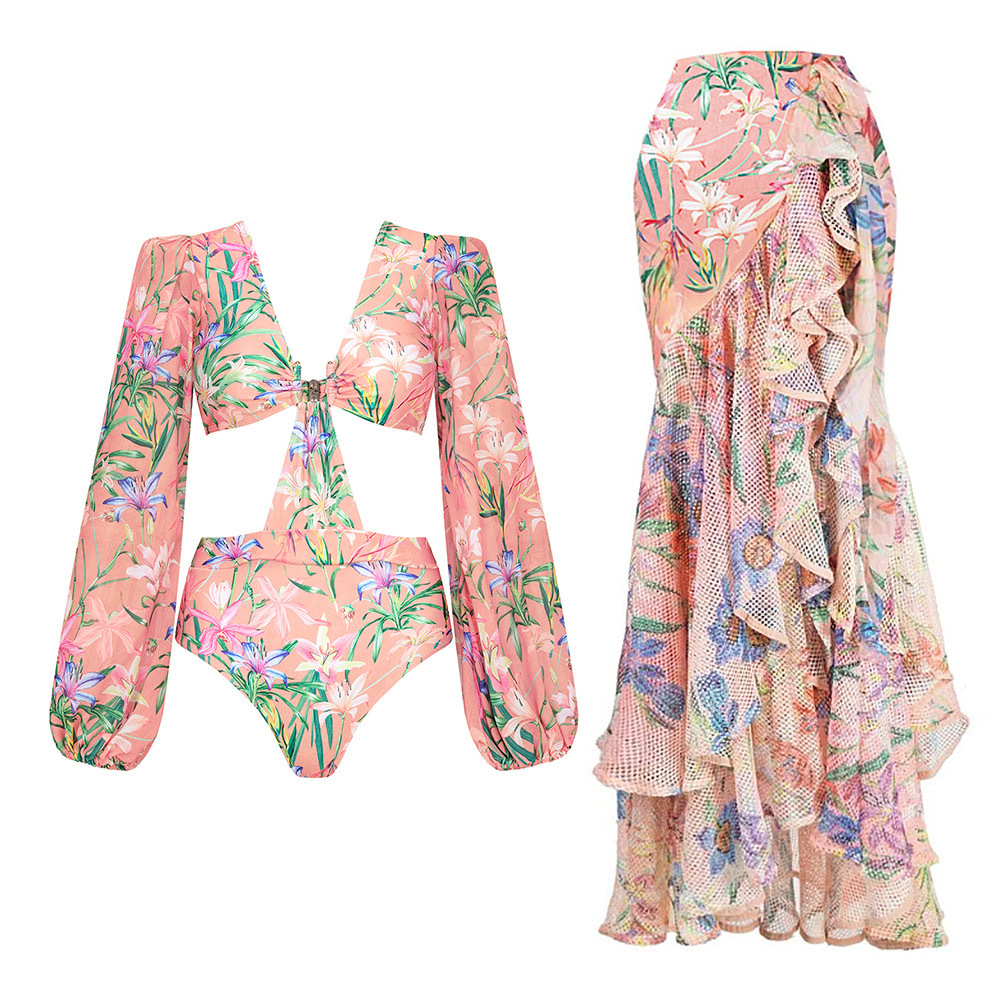 Vibecurve® Women's One Piece Swimsuit with Beach Cover up Wrap Skirt Sarong Retro Floral Print Bikini Set Two Piece Bathing Suit