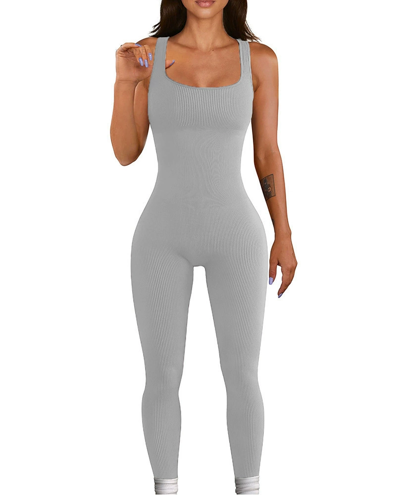 Vibecurve® Ribbed Sleeveless Square Neck Solid One Piece Unitard Jumpsuit Bodysuit