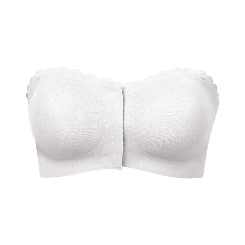 Vibecurve® Womens Strapless Bra Non-Slip Padded Bandeau Bras Front Closure Bras for Women Wavy Trim Seamless Tube Top Bralette