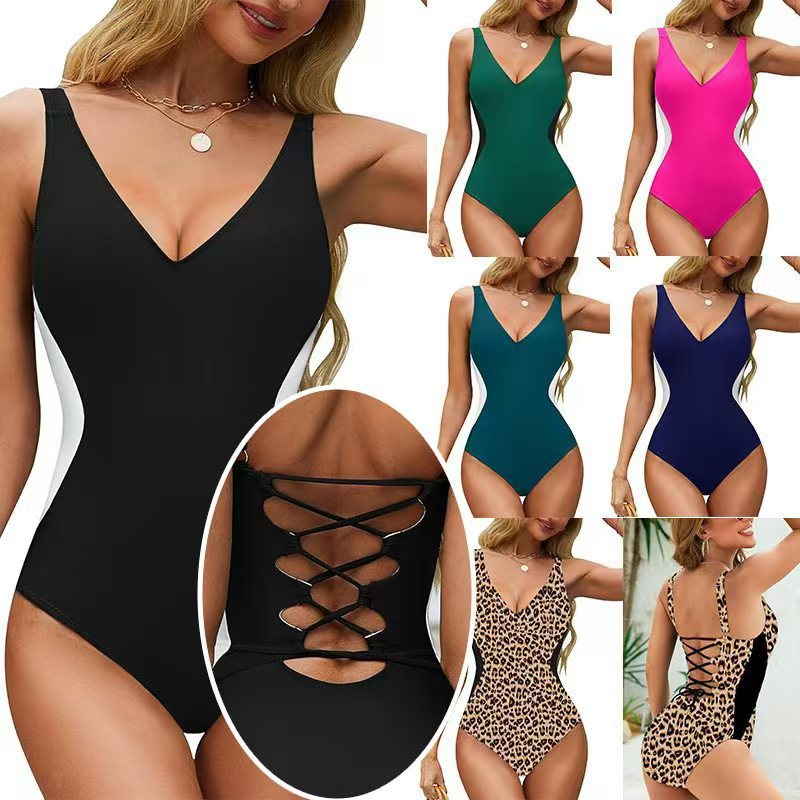 Vibecurve® Women's contrast color slimming back tie tummy control one piece swimsuit