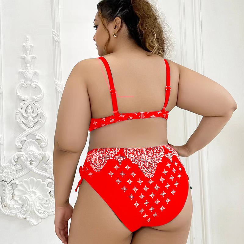 [Copy]Vibecurve®  Plus Size Solid Color Pleat Beach Bra And Floral Print Bikini Set With Cover Up Blue