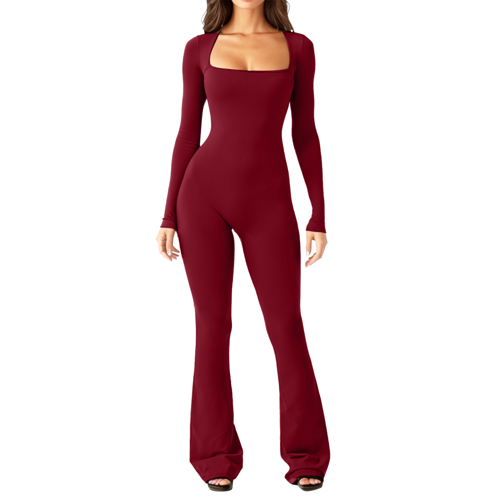 Vibecurve® Solid Square Neck Slim Long Sleeve Flare Leg Full Length Jumpsuit