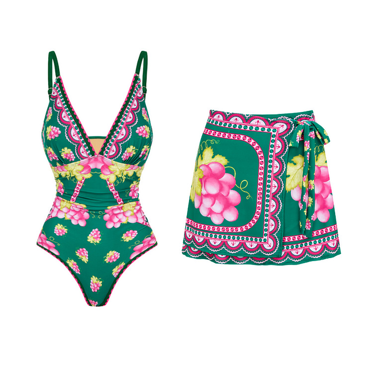 Vibecurve® Long-sleeved Retro Green Grapes Print One Piece Swimsuit and Skirt