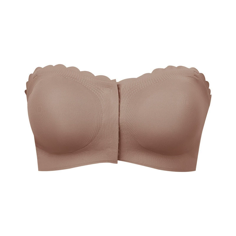 Vibecurve® Womens Strapless Bra Non-Slip Padded Bandeau Bras Front Closure Bras for Women Wavy Trim Seamless Tube Top Bralette