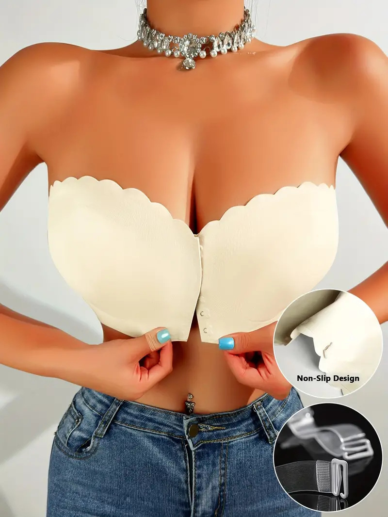 Vibecurve® Womens Strapless Bra Non-Slip Padded Bandeau Bras Front Closure Bras for Women Wavy Trim Seamless Tube Top Bralette