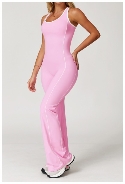 Vibecurve® Cutout Back Contrast Piping Flare Jumpsuit