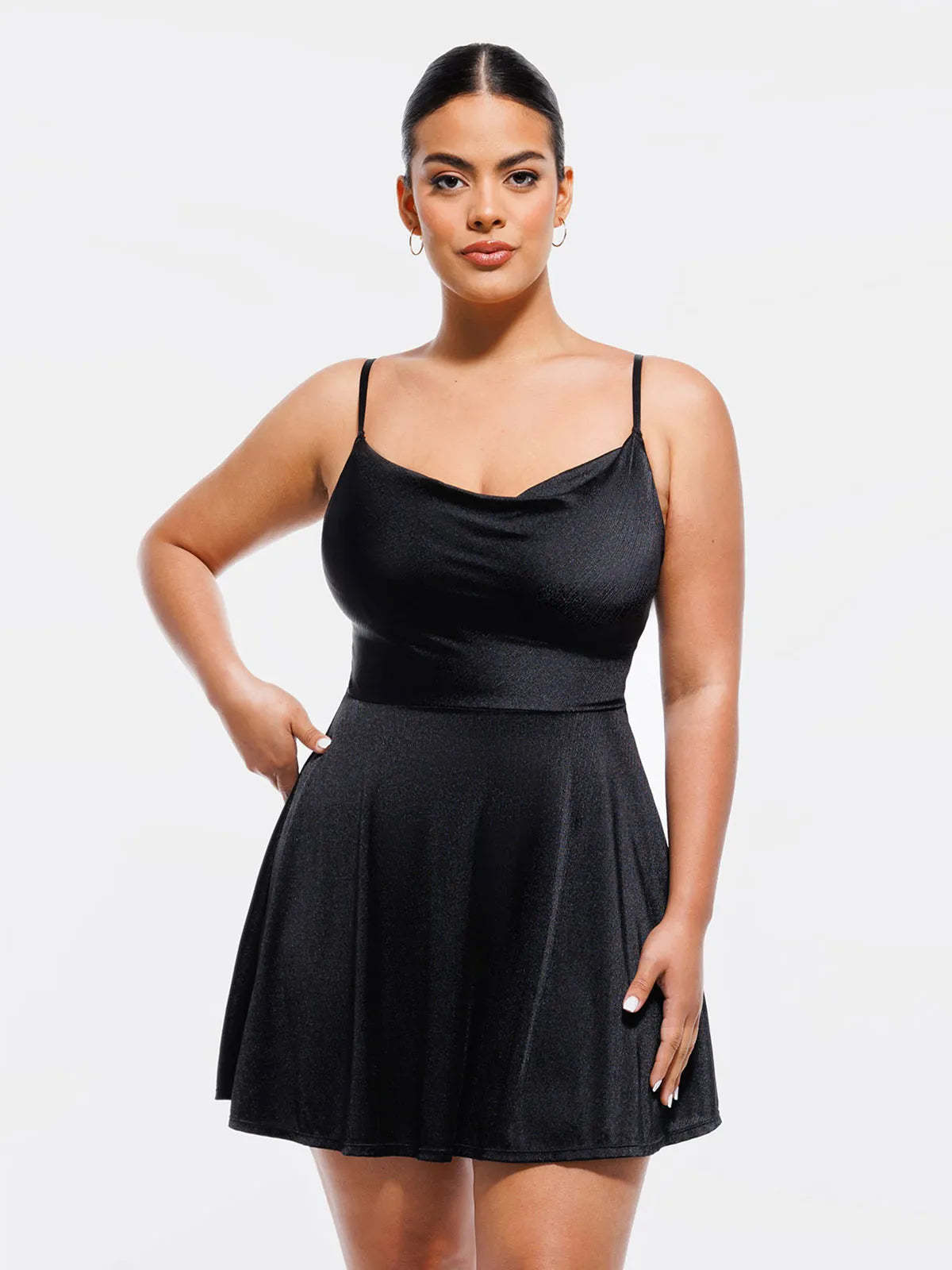 Stylish black shapewear dress from Popilush®, cowl neck design, perfect for any occasion.