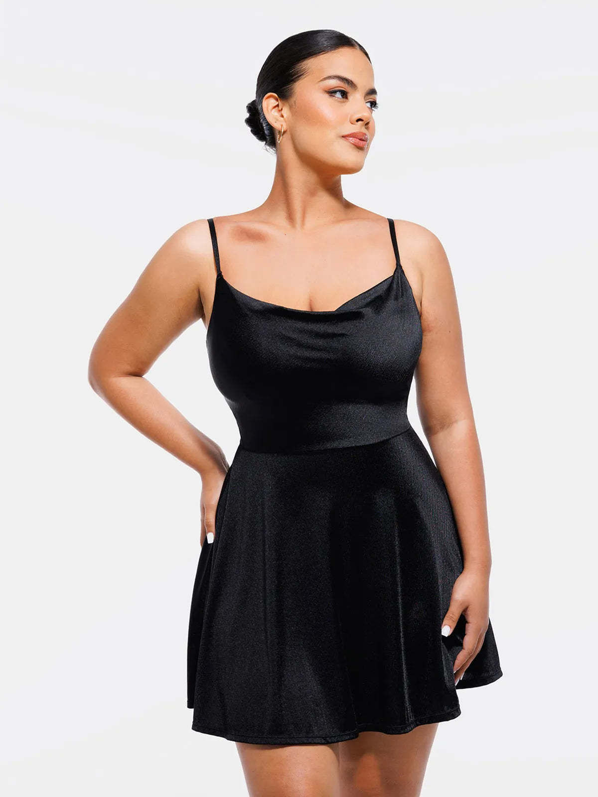 Elegant black dress from Popilush®, designed with shapewear for confident women, cowl neck.