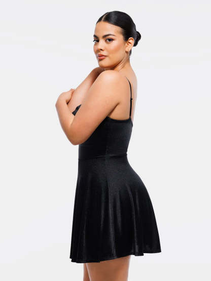 Elegant shapewear from Popilush®, woman wearing a black strappy dress with a flattering flare skirt