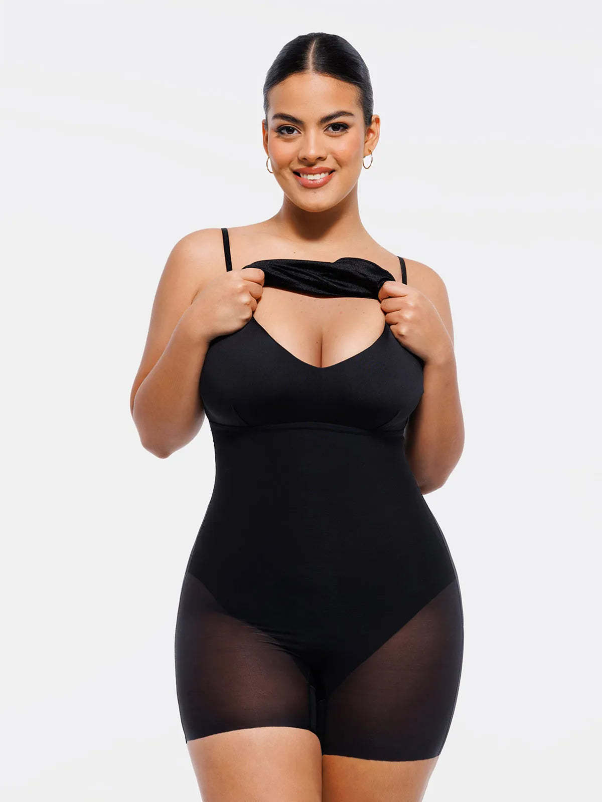 Black shapewear bodysuit from Popilush®, shown on a woman, with tummy control and bra-free design features.