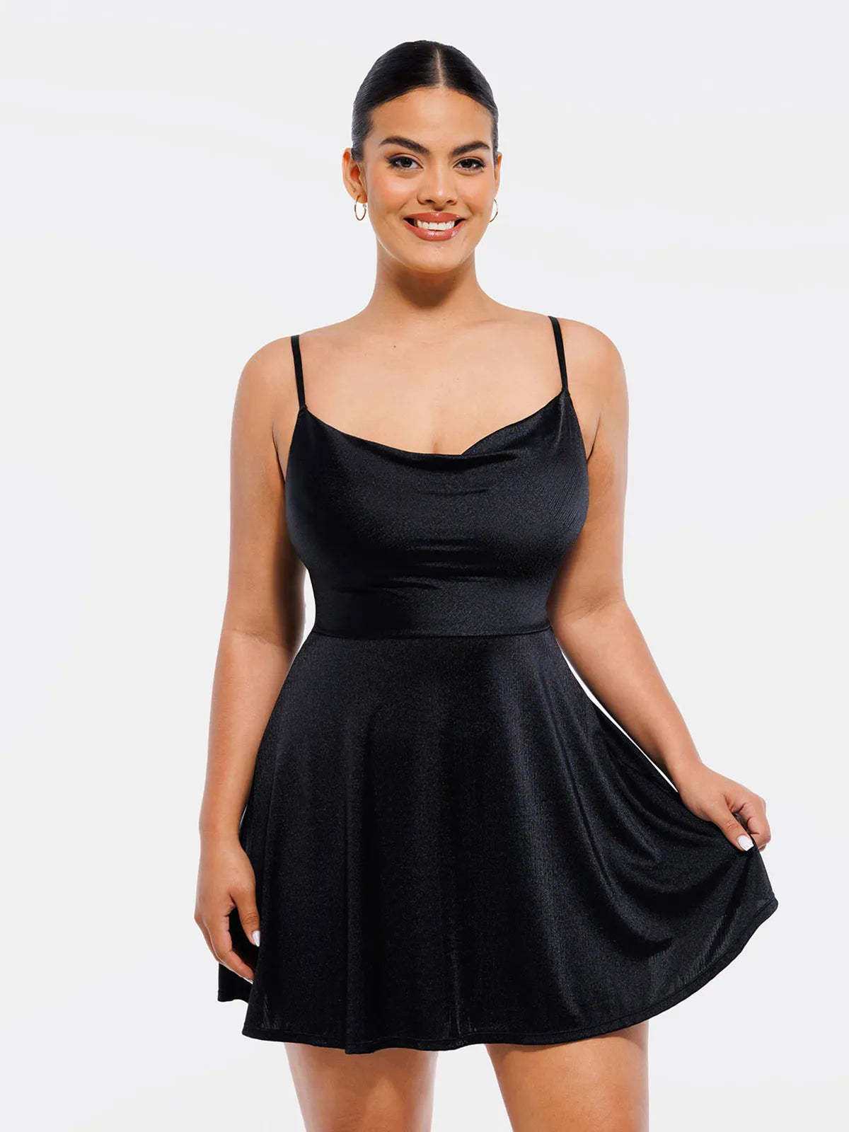 Black cowl neck flare dress, designed with Popilush® shapewear, on a woman