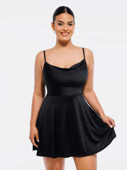 Black cowl neck flare dress, designed with Popilush® shapewear, on a woman