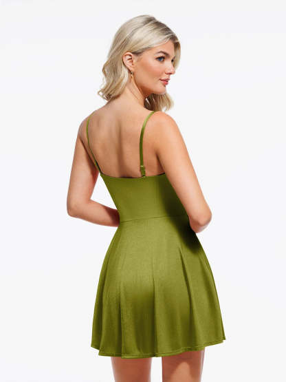 Strappy flare dress in olive green, Popilush® design for shaping, stylish look.