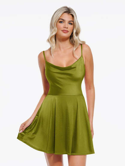 Olive green dress with Popilush® shapewear, cowl neck and flare