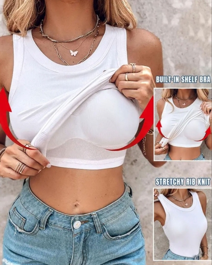 Round Neck Built-in Bra Ribbed Tank Top