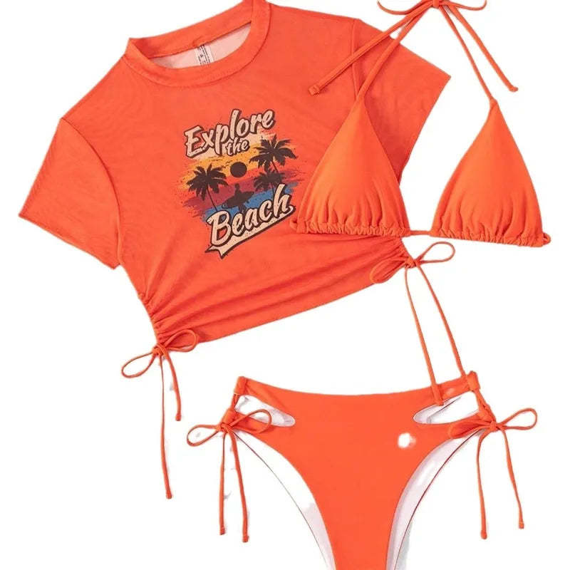 Women's 3 Piece Swimsuit Halter String Bikini Tie Side Mesh Short Sleeve Bathing Suits