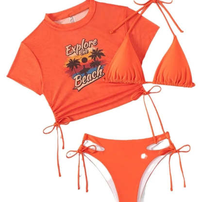 Women's 3 Piece Swimsuit Halter String Bikini Tie Side Mesh Short Sleeve Bathing Suits