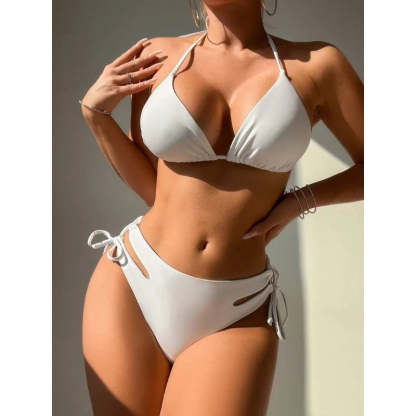 Women's 3 Piece Swimsuit Halter String Bikini Tie Side Mesh Short Sleeve Bathing Suits