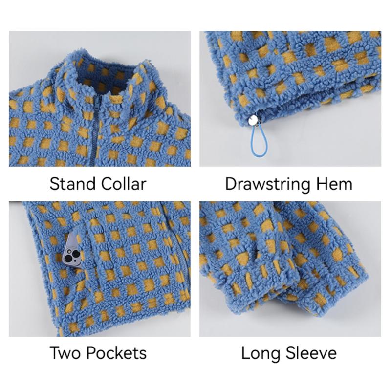 Vibecurve® Winter Fleece Jacket Plaid Fleece Warm Coat Long-sleeve Zippered Sherpa Jacket with Pockets
