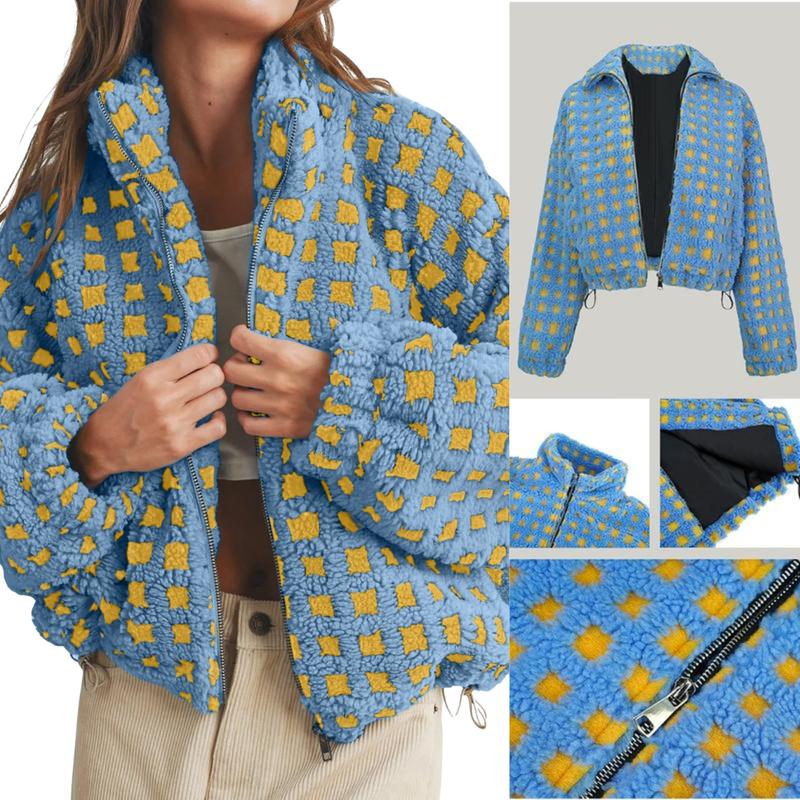 Vibecurve® Winter Fleece Jacket Plaid Fleece Warm Coat Long-sleeve Zippered Sherpa Jacket with Pockets