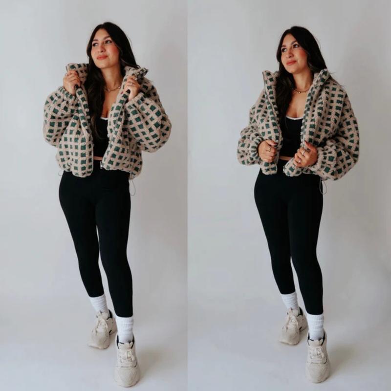 Vibecurve® Winter Fleece Jacket Plaid Fleece Warm Coat Long-sleeve Zippered Sherpa Jacket with Pockets