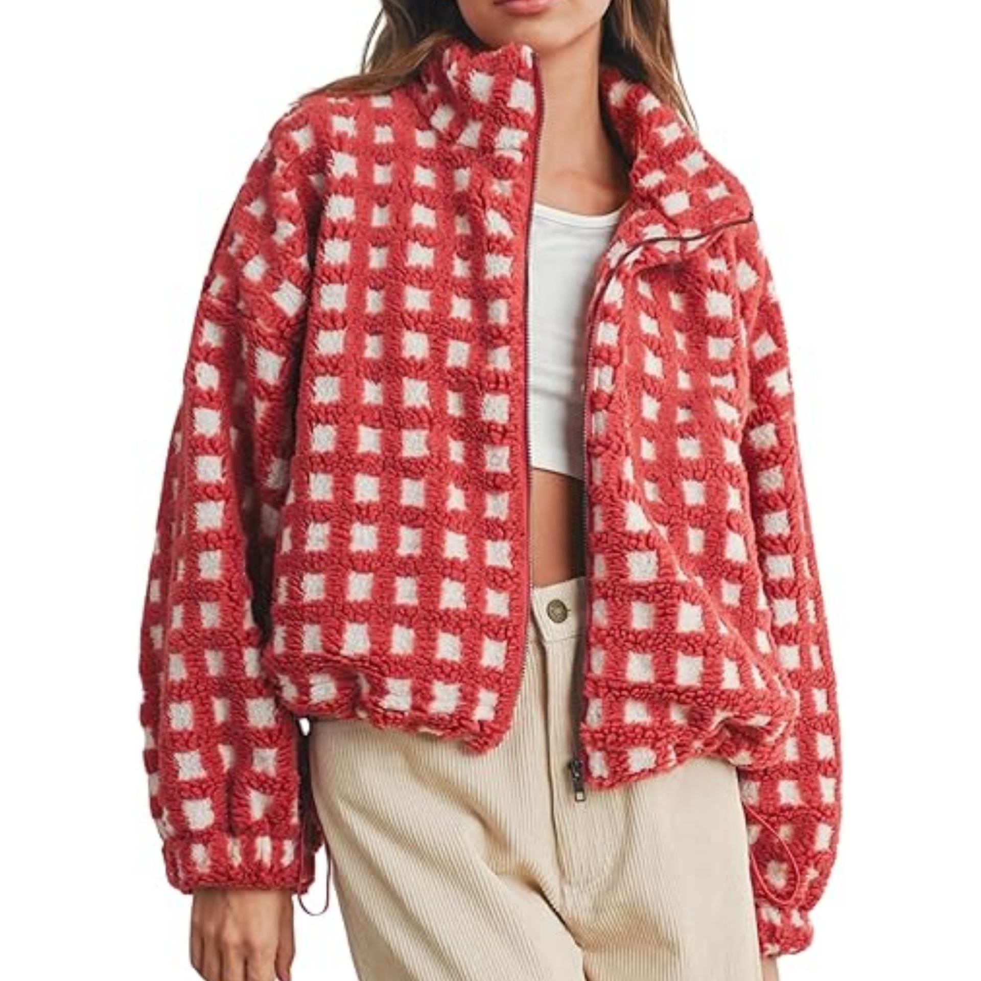 Vibecurve® Winter Fleece Jacket Plaid Fleece Warm Coat Long-sleeve Zippered Sherpa Jacket with Pockets
